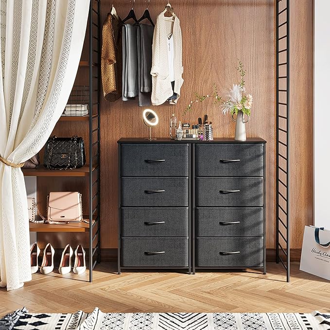 ODK Dresser for Bedroom with 4 Storage Drawers, Small Dresser Chest of Fabric Drawers with Sturdy Steel Frame for Small Space, Wood Top, Black