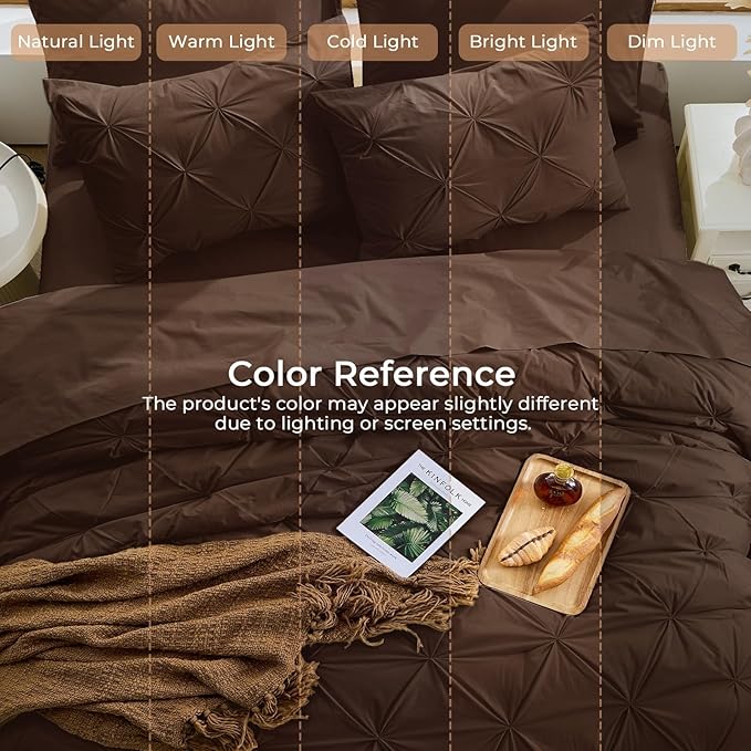 Sasttie Full Size Comforter Set, 7-Piece Bed in a Bag Double, Pintuck Bedding Set for All Season, Includes Comforter, Flat Sheet, Fitted Sheet, Pillowcases and Pillowshams, Dark Brown