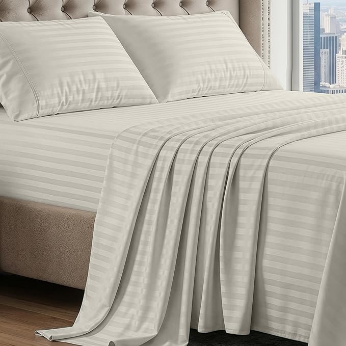 LANE LINEN Striped Sheets Set - 100% Egyptian Cotton 4 Piece Bed for King Size Hotel Bedding & Pillowcases 16" Deep Pocket (Fits Upto 17" Mattress) Silver