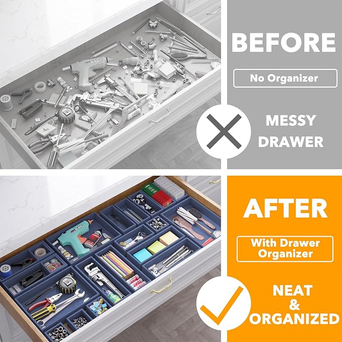 SpaceAid 21-Piece Bamboo Drawer Organizer Storage Boxes Set, Wood Tray Junk Drawer Organizers Multi-Use Divider Bins for Kitchen, Bathroom, Office Desk and Makeup Organization (21 Pack, Navy Blue) - Image 2