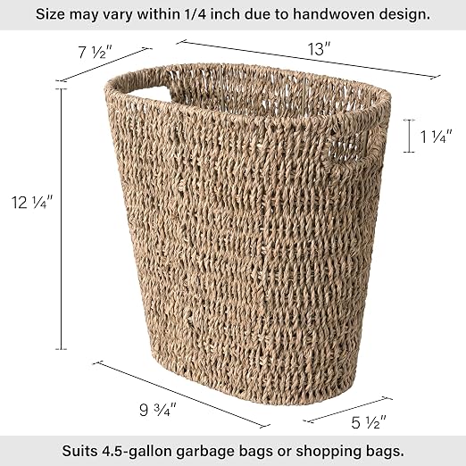 StorageWorks Wicker Waste Basket, Handwoven Seagrass Trash Can with Built-in Handles, Wicker Garbage Can for Bedroom, Bathroom, 1 Pack - Image 2
