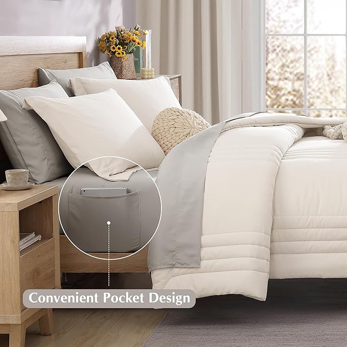 Monbix Full Comforter Set - 7 Pieces White Bed in a Bag Full Size Bedding Sets with Comforters, All Seasons Comforter with Sheets,Pillowcases & Shams