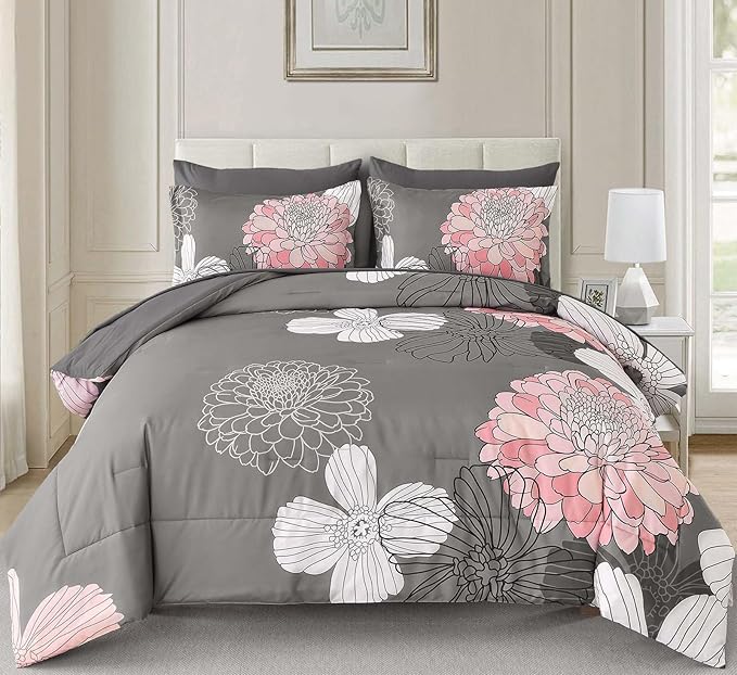 Yiran Cal King Flower Boho Comforter Set Gray Pink Bed in a Bag 7 Pieces Floral Bedding Set (1 Comforter 1 Flat Sheet 1 Fitted Sheet 2 Pillowcases 2 Pillow Shams)