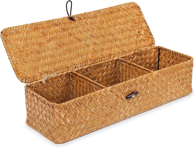 Nonam Seagrass Storage Small Basket with Lid - 3-Section Divided Organizer for Tea,Sugar,Coffee,Tampons - Woven Shelf Bin for Closet, Toilet Tank - Rectangular Narrow Boho Basket Home Decor by Unknown