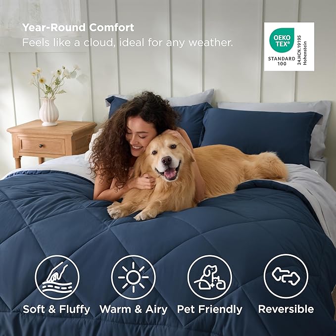 Bedsure California King Comforter Set - 7 Pieces Reversible Navy Bedding, California King Size Bed Set for All Seasons, Bed in a Bag with Down Alternative Comforter, Sheets, Pillowcases & Shams
