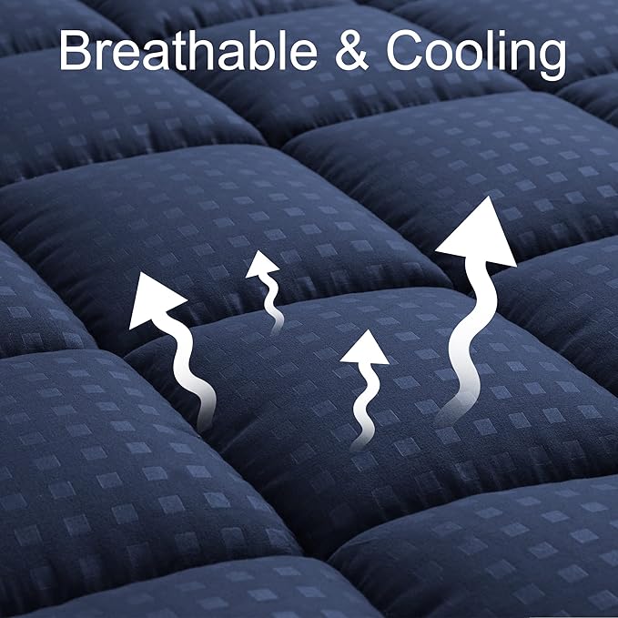 HYLEORY California King Mattress Pad Quilted Fitted Mattress Protector Cooling Pillow Top Mattress Cover Breathable Fluffy Soft Mattress Topper with 8-21" Deep Pocket, Navy