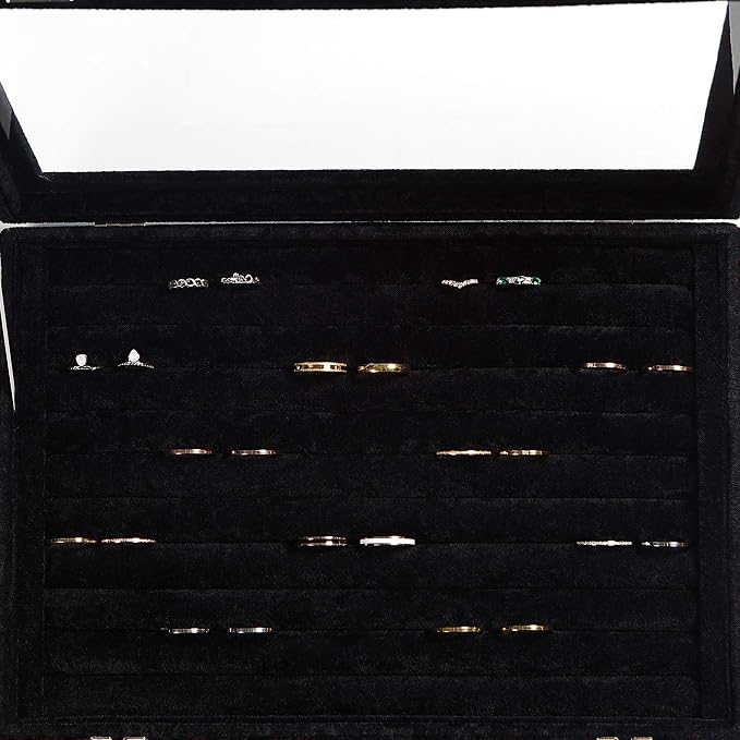 Frebeauty Rings/Earrings Organizer Tray with Clear Lid 10 Slots Velvet Drawer Insert Jewelry Storage box with Transparent Glass lid Jewelry Display Case Showcase Gift for Girls Women (Black, 10 Slots) - Image 6