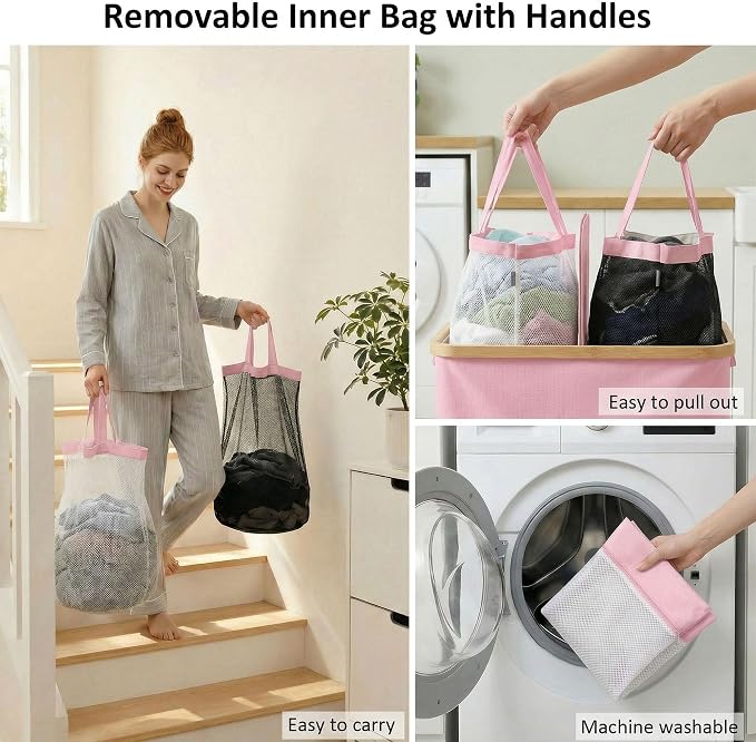 efluky Laundry Hamper with Lid, Double Laundry Hamper with 2 Removable Bags, 2 Section Laundry Basket with Bamboo Handles for Bathroom, Bedroom & Laundry Room (Pink, 140L Dual) - Image 7