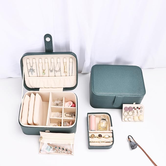 2 Layer Large Jewelry Travel Case with 4 Jewelry Pouches, PU Leather Portable Jewelry Storage Box, Medium Size Jewelry Organizer Box for Earrings, Necklaces, Bracelets (dark green) - Image 7