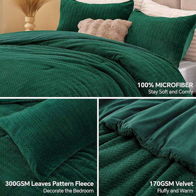 Flannel Fleece Twin Comforter Set - Furry Green Leaves Pattern Faux Fur Bed Set, Winter Ultra Soft Fuzzy Comfort Set, Velvet Bedding Set for Bed with 1 Pillow case