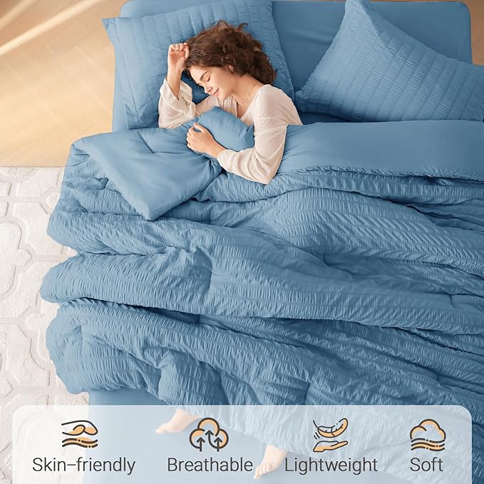 MUXHOMO 5 Pieces Twin Comforter Set, Seersucker Bed in a Bag Twin Size, All Season Luxury Bedding Set with Comforter, Flat Sheet, Fitted Sheet, Pillowcase & Sham, Mineral Blue