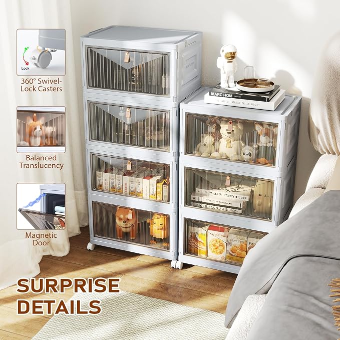4 Tier Stackable Plastic Storage Bins with Lid and Wheels - 23 QT Closet Organizers and Storage, Foldable Storage Containers, Organization and Storage Boxes for Craft, Home, Pantry, Dorm, Grey - Image 5