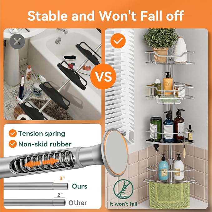 Corner Shower Caddy Tension Pole Rustproof, 4 Tier Adjustable Shower Organizer Tension Pole, 25-125 Inch Bathroom Shower Organizer for Bathtub Shampoo Storage, Silver - Image 2