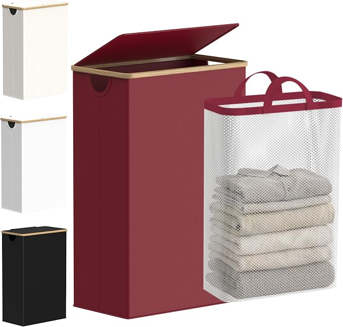 efluky Slim Laundry Basket with Lid, Narrow Laundry Hamper with Removable Bag, Skinny Dirty Clothes Basket with Bamboo Handles for Bathroom, Bedroom & Laundry Room, 75L Burgundy by efluky