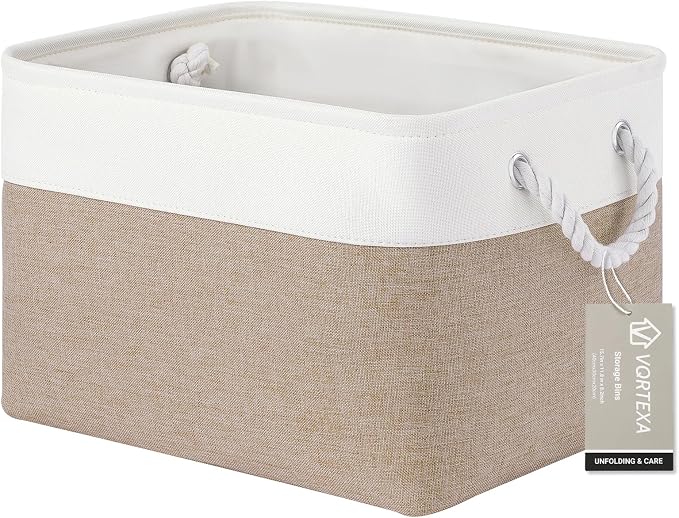 Large Storage Baskets- 15x11x10 inch Storage Bins for Shelves and Closet Organizing, Foldable Fabric Bin for Home Organization Clothes and Laundry (1-Pack, White&Khaki) by VQRTEXAStorageBasket