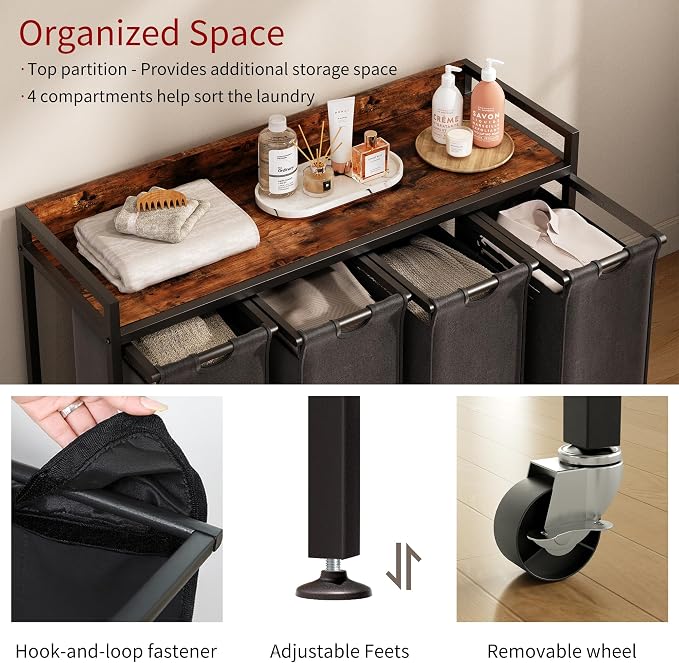 Herture Laundry Hamper with Shelf, Laundry Basket 4 Section, Laundry Sorter with Pull-Out Removable Large Bags and Movable Wheels, Metal Frame, 4 x 15.87 Gallons (60L), Rustic Brown + Black PF07XLY - Image 3