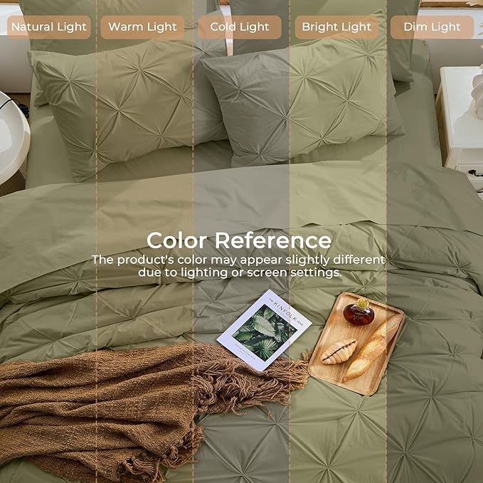 Sasttie Twin XL Comforter Set, 5-Piece Bed in a Bag, Pintuck Bedding Sets for All Season, Includes Comforter, Flat Sheet, Fitted Sheet, Pillowcase and Pillowsham, Olive Green