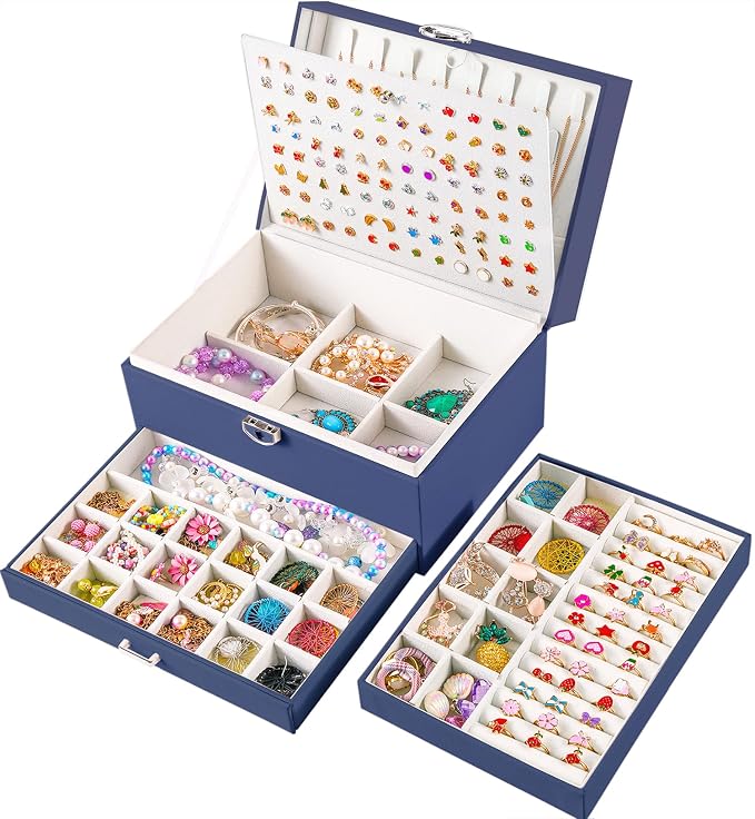 QBestry Earring Jewelry Box for Women Girls Stud Organizers, 5 Layers Navy Jewelry Organizer Box with Lock Necklaces and Earrings Holder Jewelry Box with Earring Organizer for Women Girls Xmas Gifts by QBestry
