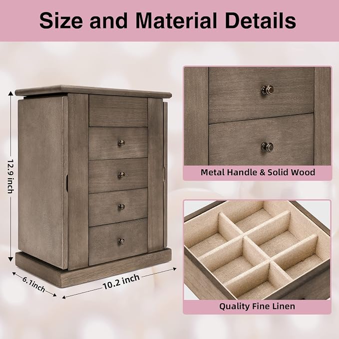 Emfogo Jewelry Box for Women, 5 Layer Large Wood Jewelry Boxes & Organizers for Necklaces Earrings Rings Bracelets, Rustic Jewelry Organizer Box with Drawers and Mirror(Weathered Gray) - Image 7