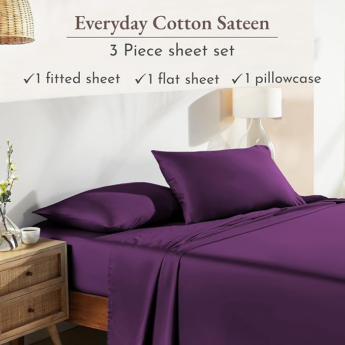 California Design Den 12" Pocket Bed Sheets Twin Size Set - Natural 100% Cotton Sheets, Soft Sateen Weave, All Around Elastic, Breathable and Durable Bedding - Purple Passion