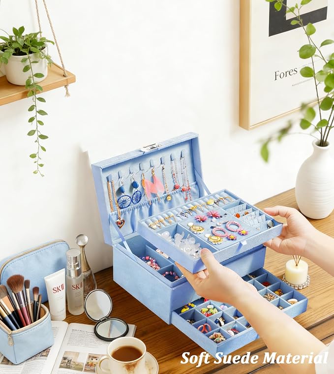 QBestry 3-Layer Jewelry Box for Girls & Teens with Lock and Key, Large Jewelry Organizer with 8 Necklace Hooks & 56 Earring Holes, Blue Velvet Jewelry Storage Box for Necklaces Earrings Rings Bracelet - Image 7