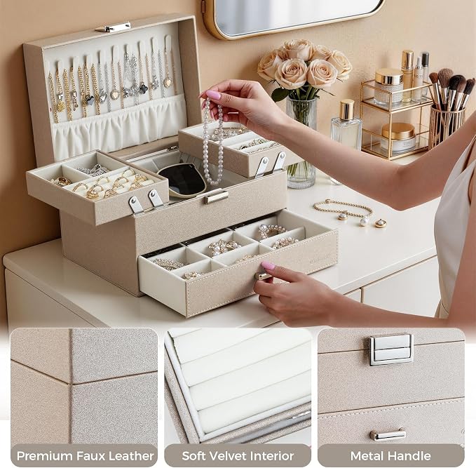 Dajasan Jewelry Organizer Box, Large Jewelry Boxes for Women Girls, Space-Saving 3 Layers Jewelry Storage Case with Drawer, Movable Metal Stand, Modern, Gift Idea (Champagne) - Image 5