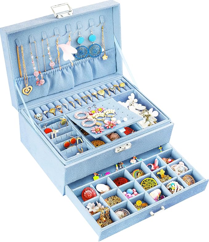 QBestry 3-Layer Jewelry Box for Girls & Teens with Lock and Key, Large Jewelry Organizer with 8 Necklace Hooks & 56 Earring Holes, Blue Velvet Jewelry Storage Box for Necklaces Earrings Rings Bracelet by QBestry