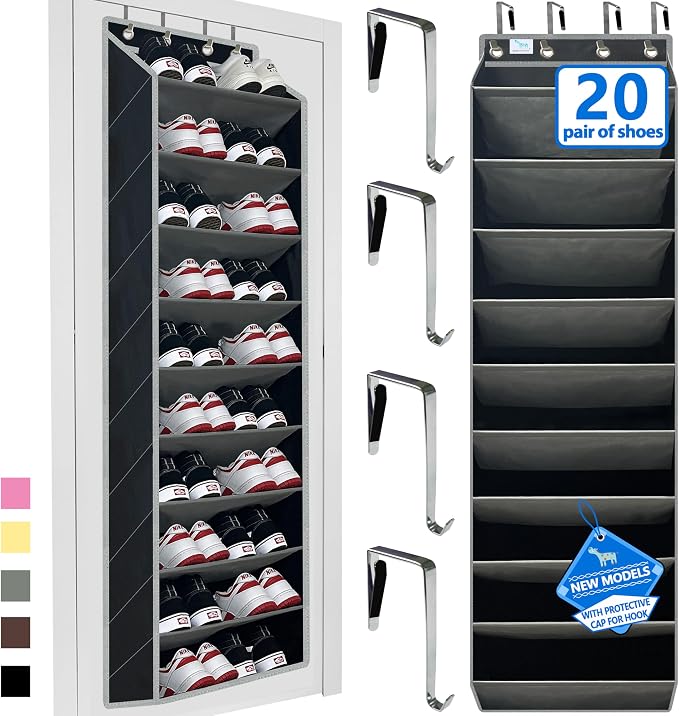 shoe organizer,70 Pounds Large Capacity,20-30-Pair over the door shoe organizer,10 Tiers shoe rack for closet,New upgrade Anti-scratch heavy duty hook and Bamboo material Baffle, Black/Grey by Zebricolo