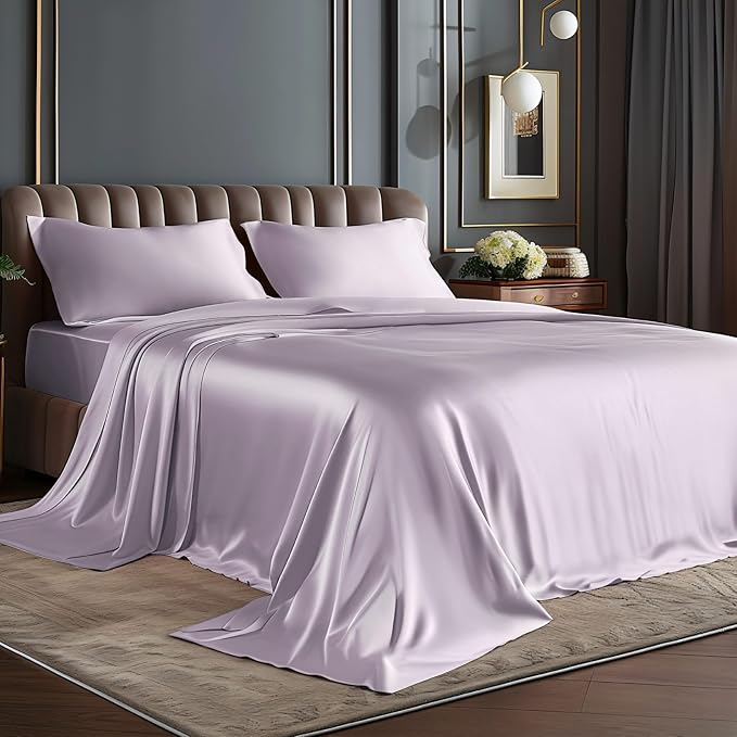 BEDELITE California King Sheets Set, Luxury Soft Lavender Satin Sheets for Hair and Skin, Similar to Silk Bed Sheets Set 4 Pieces with 1 Deep Pocket Fitted Sheet, 1 Flat Sheet, and 2 Pillowcases