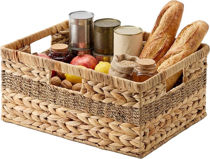 StorageWorks Jumbo Rectangular Wicker Basket, Water Hyacinth and Seagrass Storage Basket with Built-in Handles, 1 Pack by StorageWorks