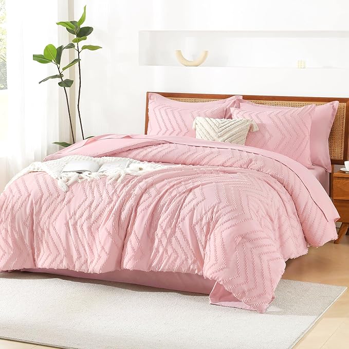 Litanika Pink Full Size Comforter Set with Sheets - 7 Pieces Bed in a Bag Full Boho Tufted Complete Bedding Sets with Comforter, Sheets, Pillowcases & Shams