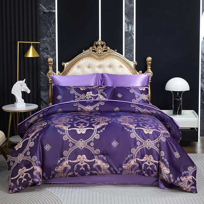 Bedding_Dreamer Purple Queen Comforter Set Satin Sheet Set Jacquard Bedding Set 8 Pcs Embroidery Neoclassical Floral Elegant Bed Home Decor Soft Comforter Luxury Hotel Bed in a Bag