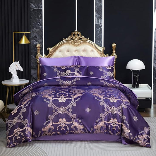 Bedding_Dreamer Purple Queen Comforter Set Satin Sheet Set Jacquard Bedding Set 8 Pcs Embroidery Neoclassical Floral Elegant Bed Home Decor Soft Comforter Luxury Hotel Bed in a Bag