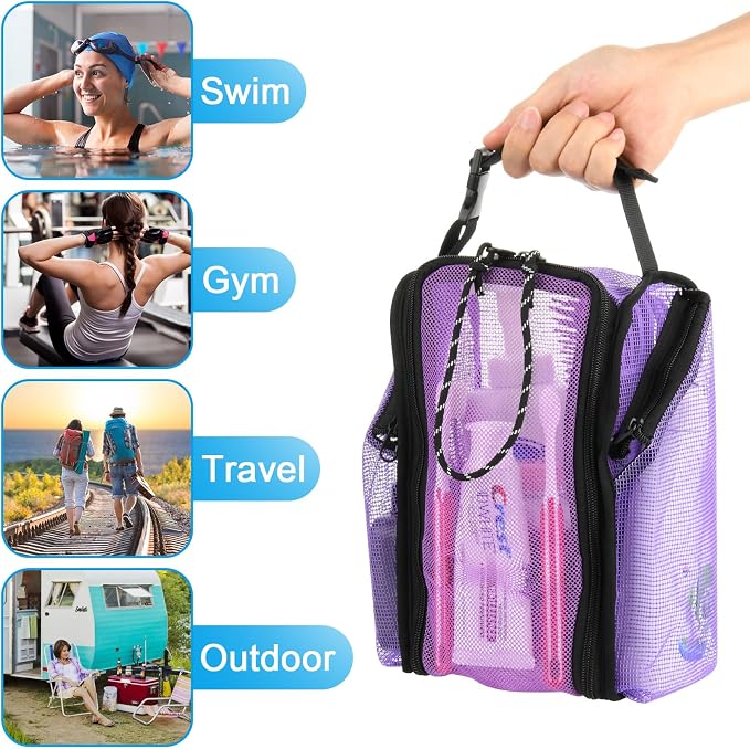 Cosmos Mesh Shower Caddy Toiletry Organizer Hanging Shower Tote Bag, Quick Dry Shower Organizer Portable Bath Bag with Durable Zippers & Side Pockets for Travel Gym Swimming Beach & Camp (Purple) - Image 6