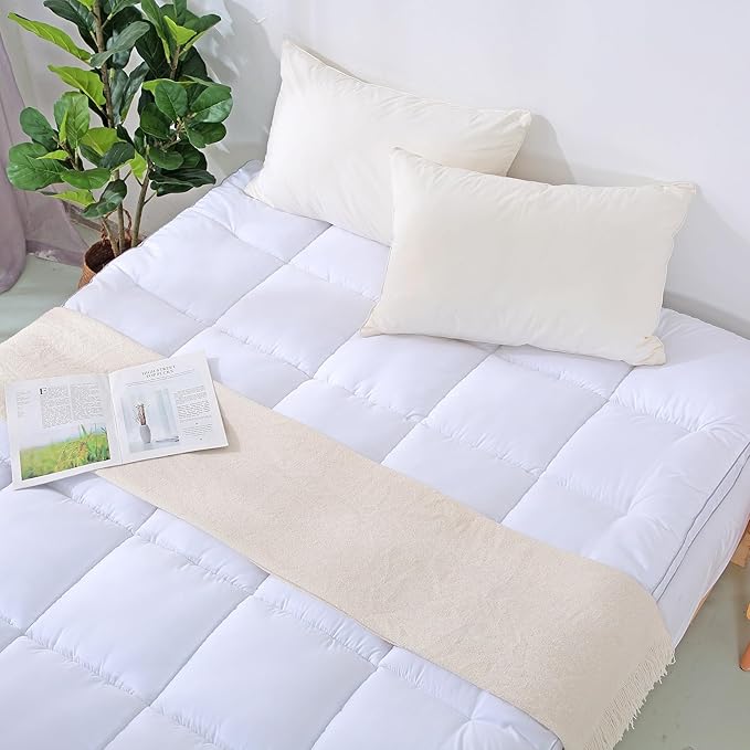 EVOLIVE Microfiber Mattress Topper Mattress Pad Pillow Cover Quilted Fitted Mattress Protector 8-18" Deep Pocket Cooling Mattress Topper (Queen 80"x60"x2" Inches, White)