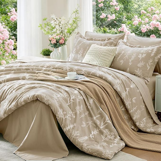 MUXHOMO Taupe Full Comforter Set, Elegant Floral Print Bed in a Bag 7 Pieces, Ultra Soft & Breathable Reversible Botanical Pattern Bedding Set with Comforter, Sheets, Pillowcases, and Shams