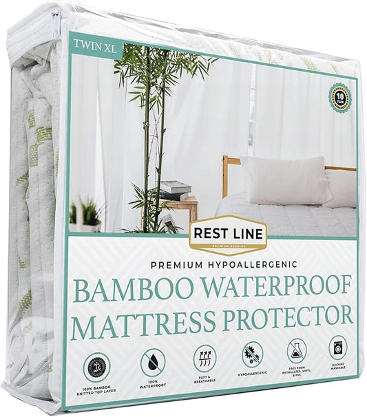Twin XL Size 39x80” Premium Bamboo Waterproof Mattress Protector, 100% Viscose from Bamboo, Hypoallergenic, Cooling Mattress Pad Cover, Soft & Breathable Fitted Sheet Style up to 18" Deep - Rest Line