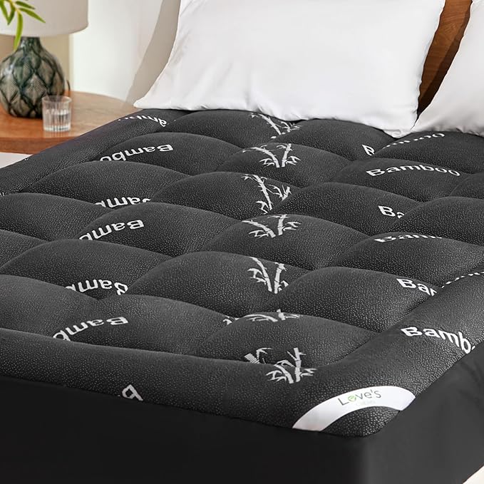 Love's cabin Full Size Mattress Topper Viscose Derived from Bamboo, Thick Pillow Top Mattress Pad with Stretchable Pockets for 8"-20" Mattress, Soft Cooling Mattress Topper for Hot Sleepers, Black