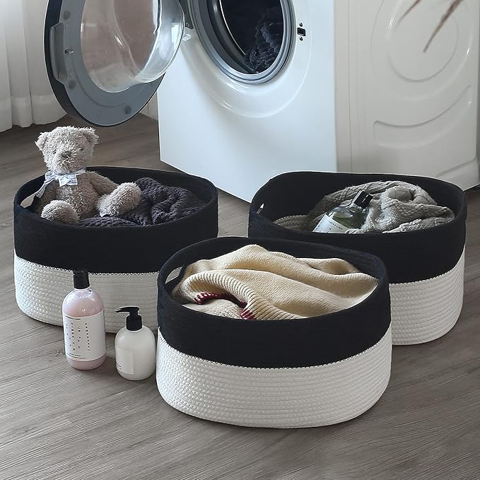 ECDYQXVU Cotton Rope Storage Basket, 15x10x9 Inches, Woven Basket for Shelves, Clothes, Towels, Books, and Laundry, Black/ White (3 Pack) - Image 9