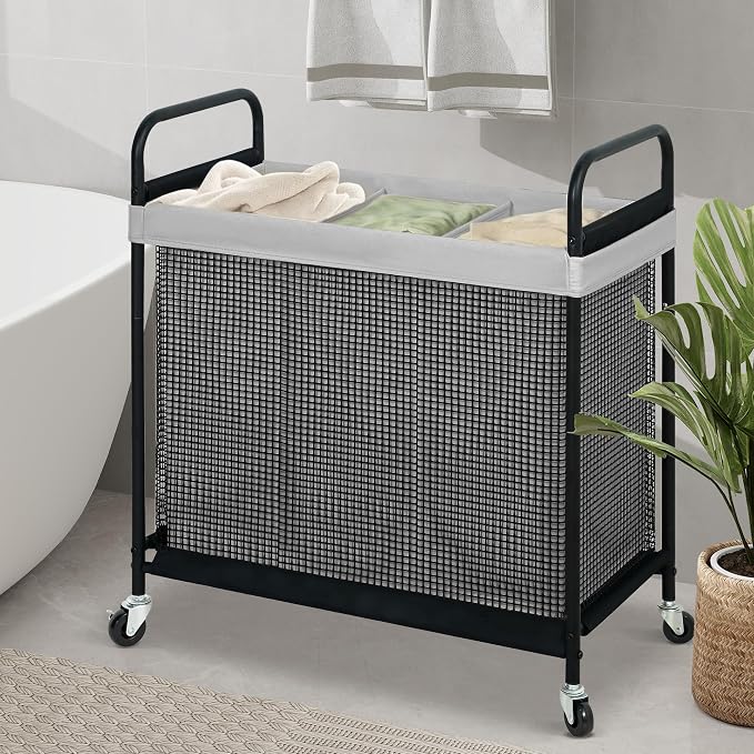STO STO Laundry Hamper 3 Section, 120L Rolling Laundry Sorter Cart with Removable and Washable Liner Bag, Clothes Hamper with Wheels and Metal Handle for Laundry Room and Bedroom, Gray - Image 3