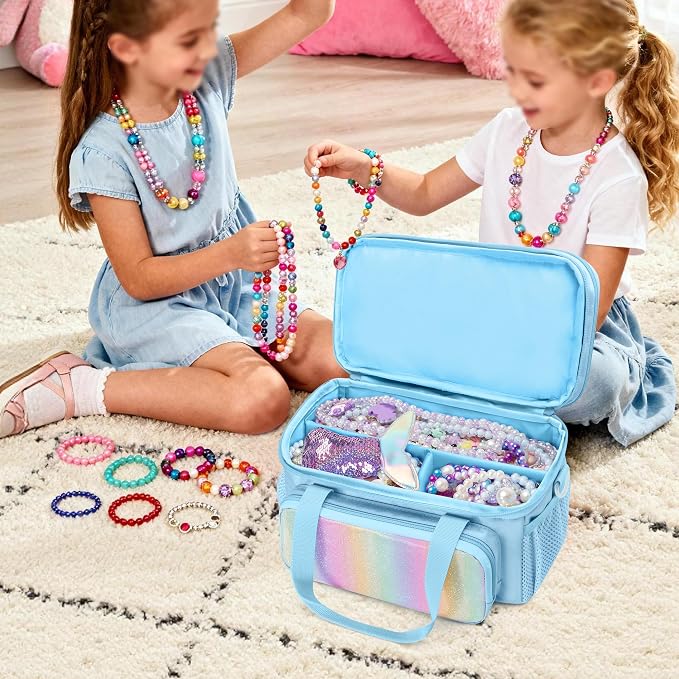 GRAOSO Double Layer Jewelry Organizer Storage for Kids Girls, Travel Jewelry Case Bag, Portable Jewelry Box with Handle and Detachable Shoulder Strap for Necklaces, Earrings, Rings, Blue (Case Only) - Image 5