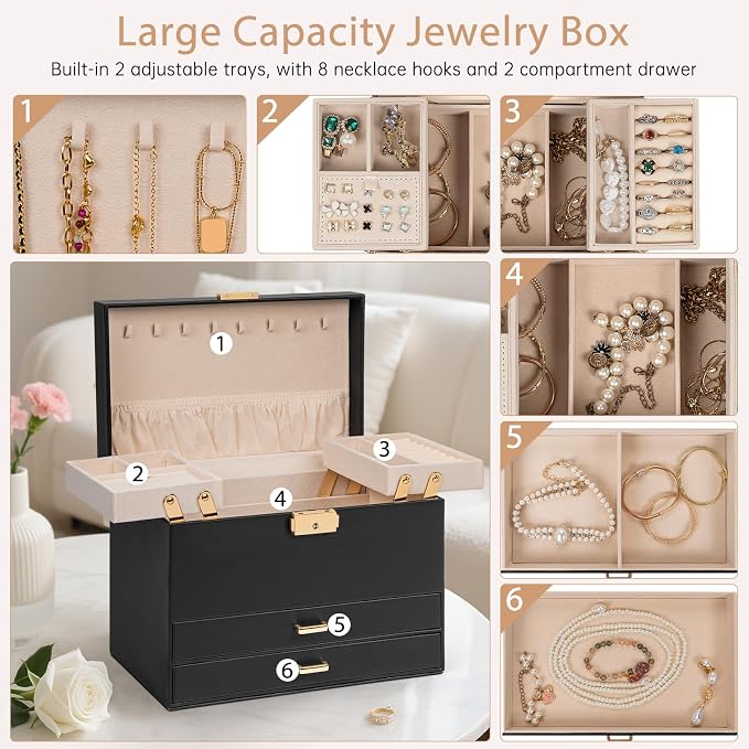 AKOZLIN Travel Jewelry Box Organizer Functional 2-trays Leather Jewelry Storage Case with Lockable Portable 2 Drawers for Women Girls Ring Necklace Earring Bracelet - Image 6