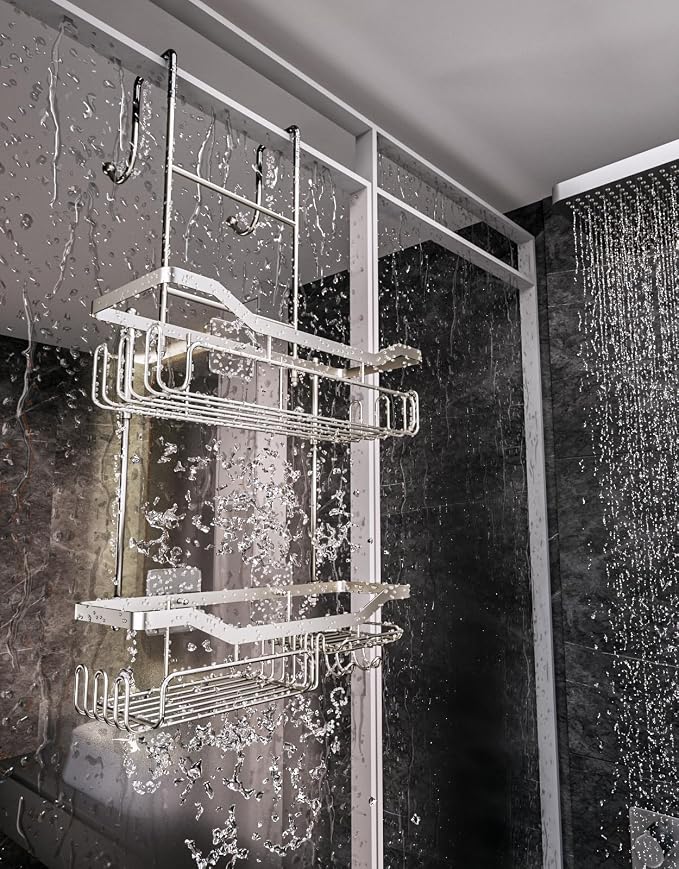 HapiRm Hanging Shower Caddy Over the Door with Soap Holder, No Drilling Adhesive Shower Organizer with 11 Hooks, Rustproof & Waterproof 304 Stainless Steel Bathroom Shelves - Brushed Nickel - Image 6