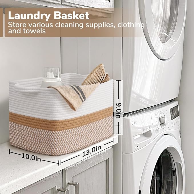 Goodpick Woven Storage Baskets for Organizing, Cotton Rope Organizer for Home Decor, 13"x10"x9" Gift Baskets Empty for Kids, Rectangle Laundry Basket with Handles, White & Camel Mix - Image 3