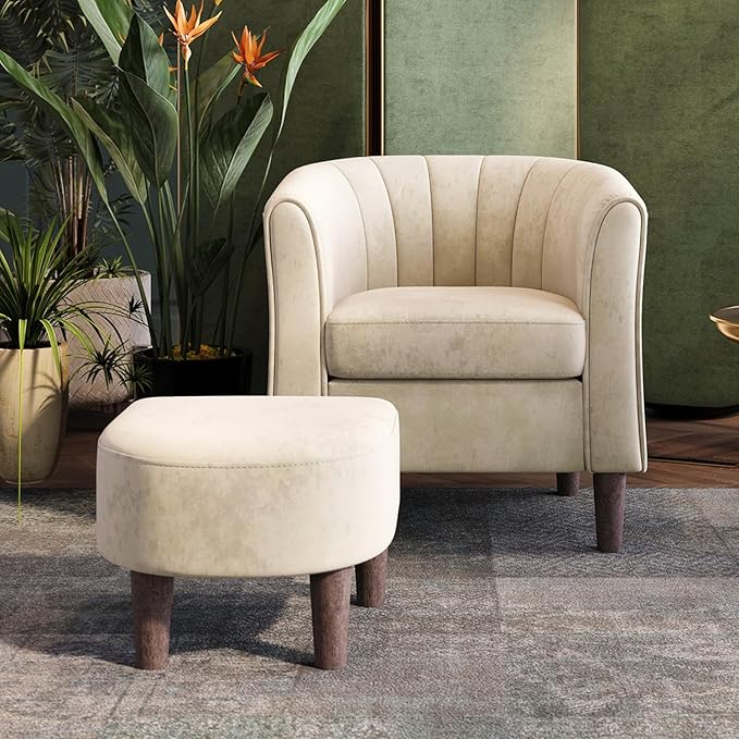 LINSY Accent Chair with Ottoman, Modern Barrel Chair Small Armchair Reading Chair with Footrest, Comfy Round Arms Chair for Living Room Bedroom Reading Room, Velvet, Beige