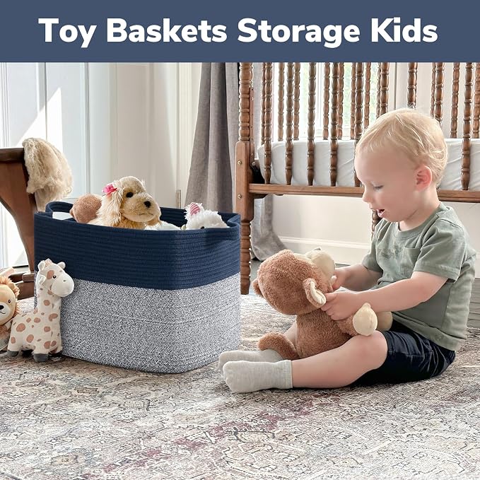 Goodpick Woven Baskets for Organizing, 18" x 14" x 12" Large Storage Basket for Living Room Bedroom, Decorative Toy Baskets Storage Kids Rectangle Blanket Basket with Handles, Dark Blue - Image 4