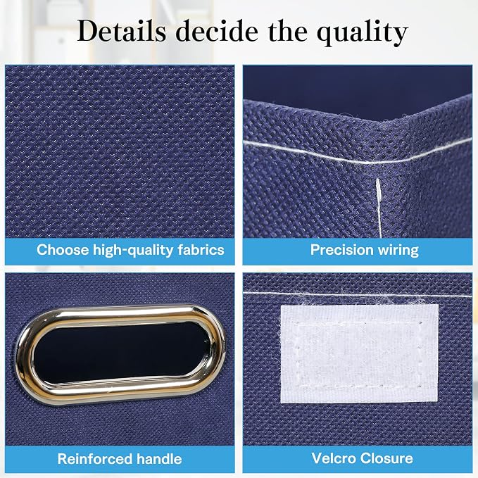 STOREONE Fabric Storage Cube Bins Foldable Organizer Container Collapsible Basket with Lids and Metal Handles, for Home, Bedroom, Closet 3 Pcs (Navy Blue) - Image 7