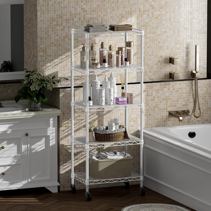 SINGAYE 6 Small Shelf Storage Wire Shelves Closet Bathroom Organizers Metal Pantry Kitchen Garage Shelving Unit Laundry Room Organization Home Narrow Rack Net Basket with Wheels White - Image 9
