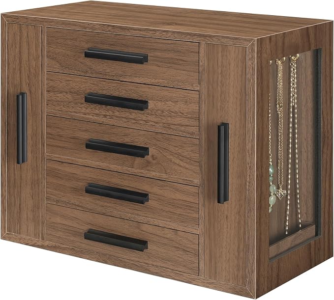 HOOBRO 5-Tier Jewelry Box, Wooden Jewelry Organizer with Transparent Windows, Jewelry Storage Box with 2 Vertical Drawers, for Earring, Necklace, Bracelet, Ring, Watch, Walnut and Black BH19JB04 by HOOBRO