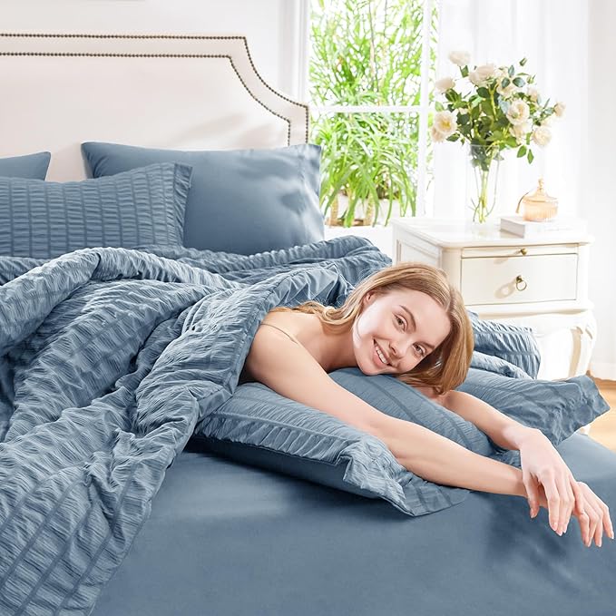 CozyLux Queen Comforter Set Grayish Blue Seersucker 7 Pieces Bed in a Bag Queen Comforter Set with Sheets, Dusty Blue Luxury Bedding Sets with Down Alternative Comforter, Sheets, Pillowcases & Shams